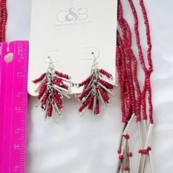 NWT Christopher & Banks red and silver necklace earrings set - Picture 2 of 4